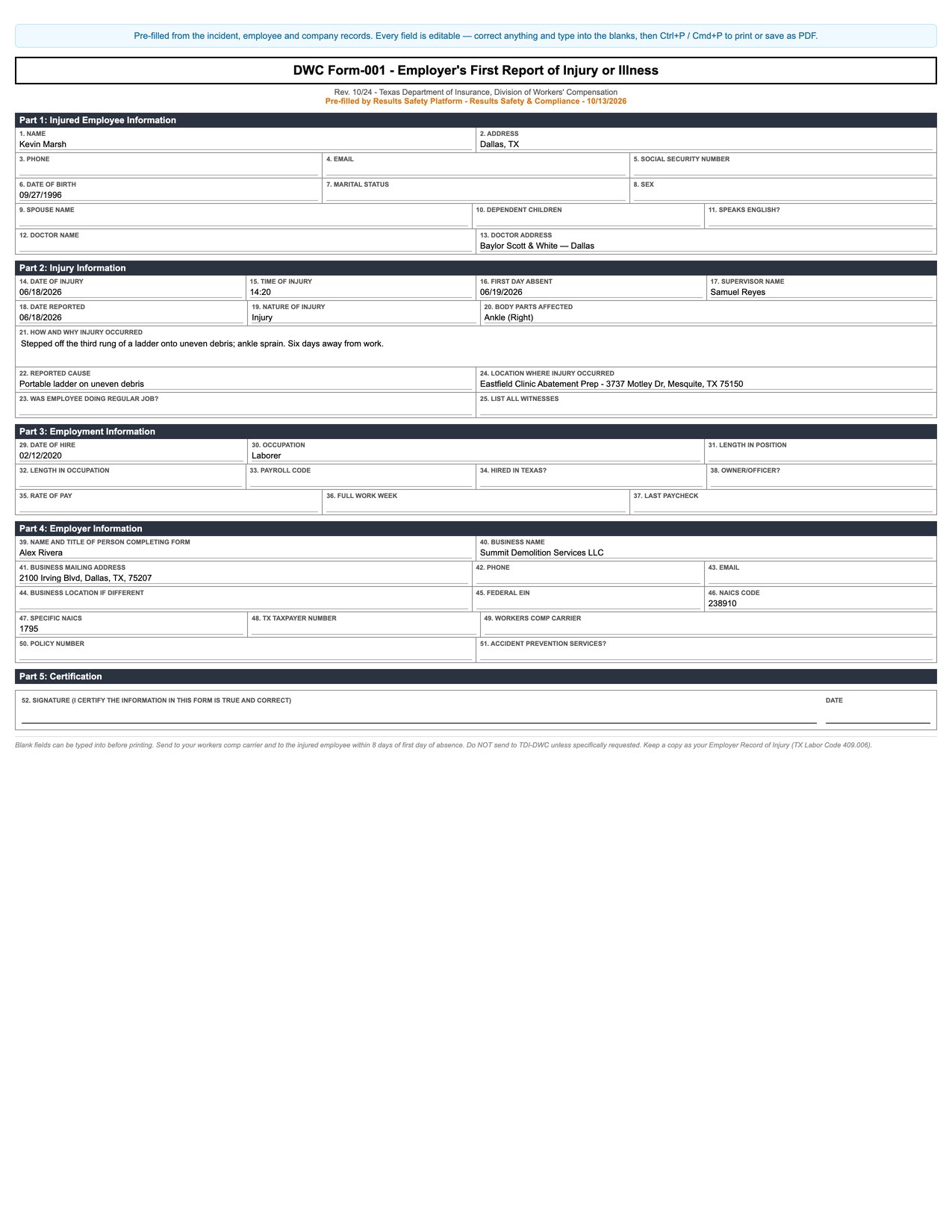 Texas DWC Form-001 pre-filled