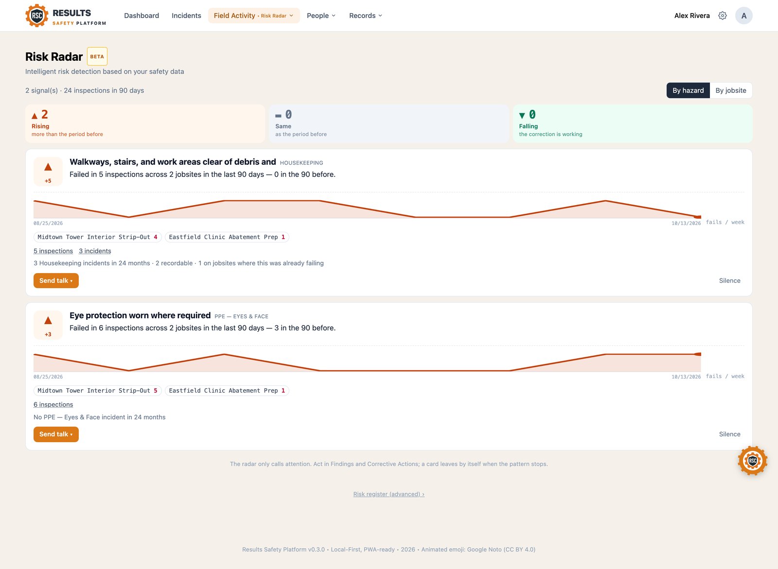 Risk Radar auto-detected risks and risk map