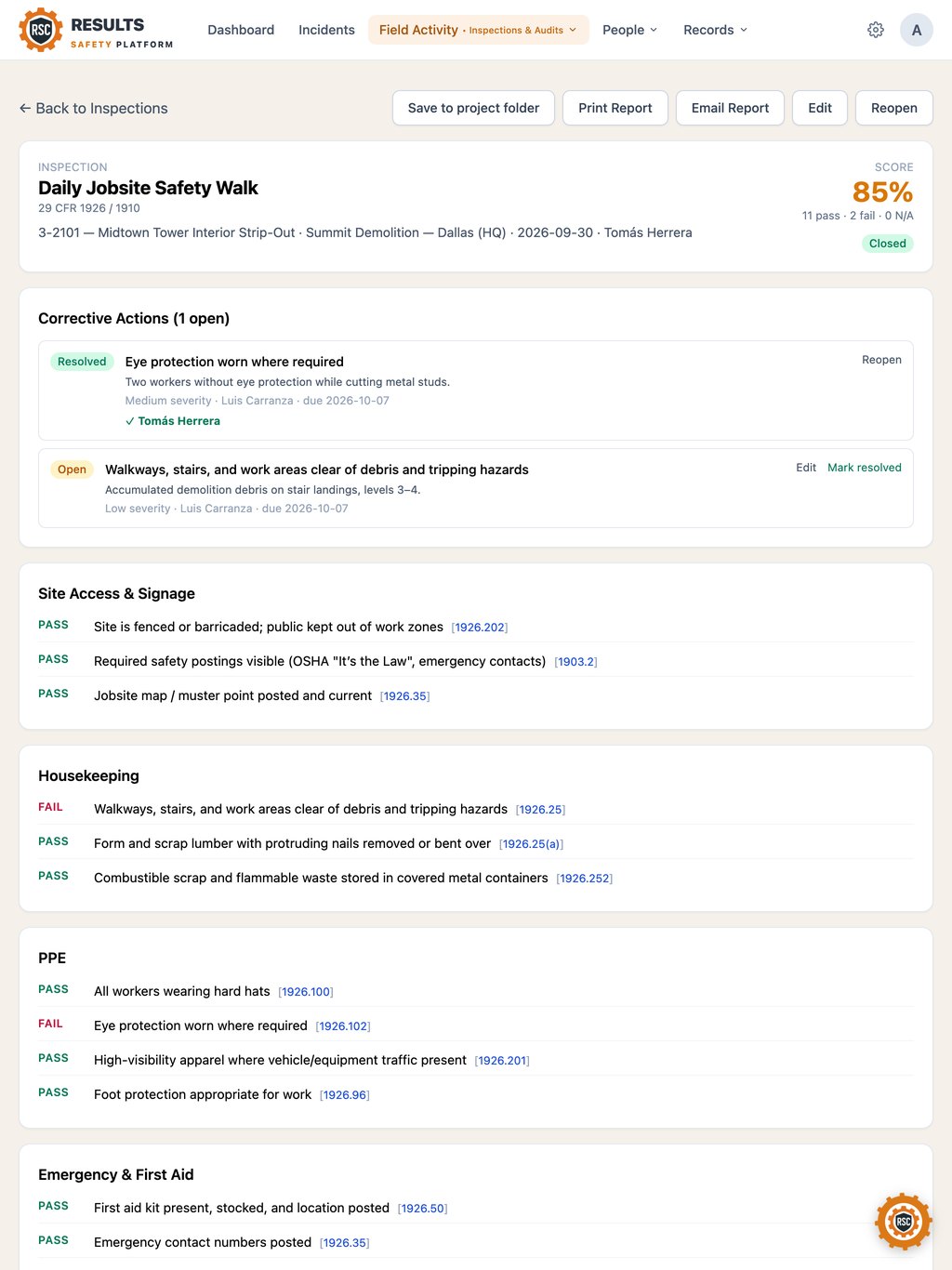 Results Safety Platform on a tablet